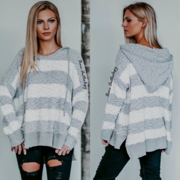 #48 Cozy Stripe Color Block Popcorn Hoodie Sweater Top - Picture 2 of 5